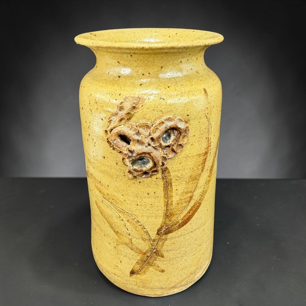 Vintage 1974 Marge Signed Studio Pottery Vase Brutalist 3D Floral Yellow 8 Inch